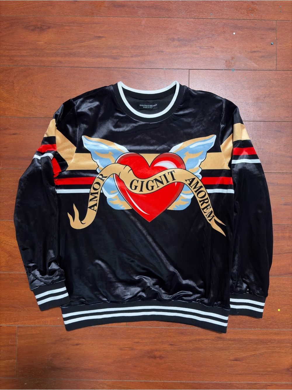 Dolce & Gabbana Black Crewneck Sweater with Red Heart and Gold Banner